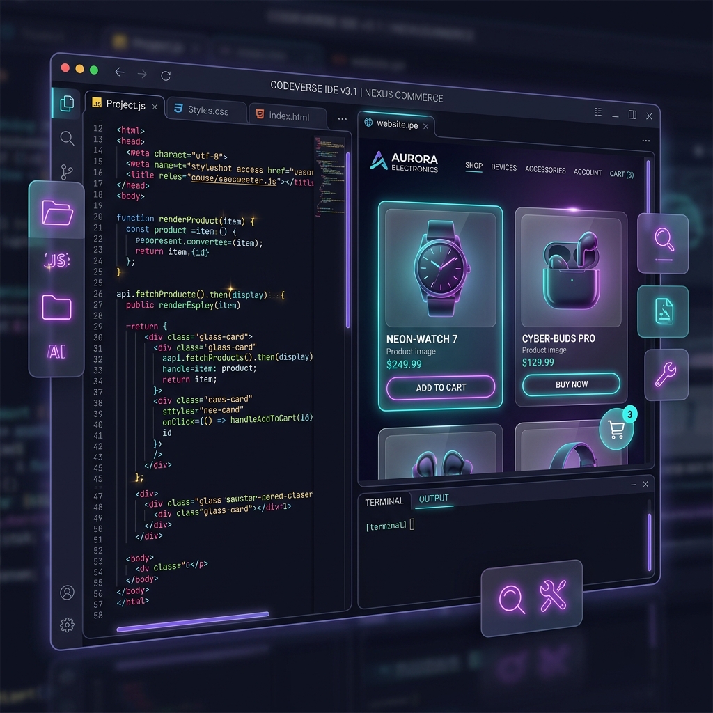 Futuristic web editor and site layout showcase mockup